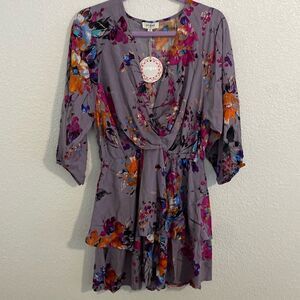 NWT- Umgee-  Lilac/Gray Floral tiered dress with 3/4 Sleeve Dress- Size medium